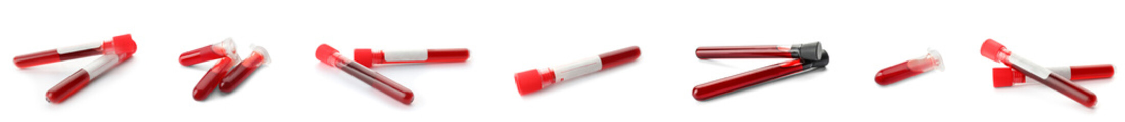 Set of test tubes with blood samples on white background