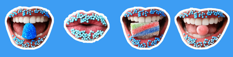 Set of beautiful female lips covered with sprinkles on blue background