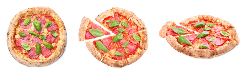 Set of tasty pizza pepperoni isolated on white