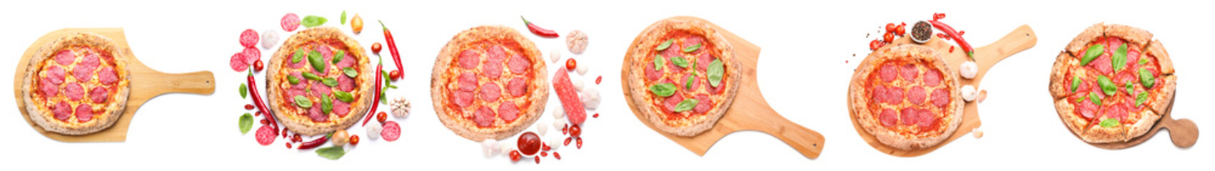 Set of tasty pizza pepperoni on white background, top view