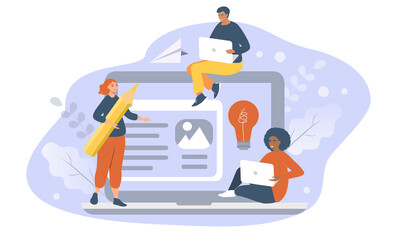 vector illustration in a flat style on the theme of blogging, copywriting. laptop and people working on writing articles