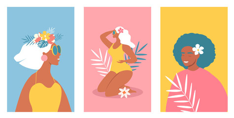 vector illustration in flat style - set of summer postcards with pretty girls