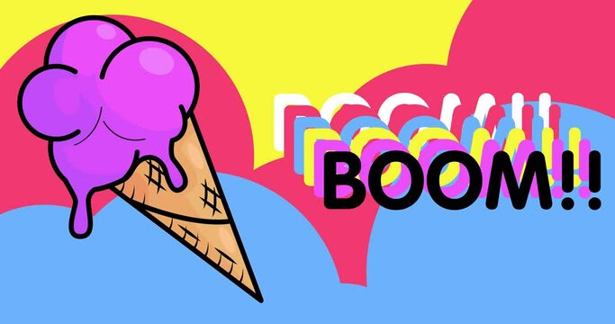 Ice Cream with Boom text. Colorful animated dancing summer sweet food cartoon. 4k resolution animation, moving image.