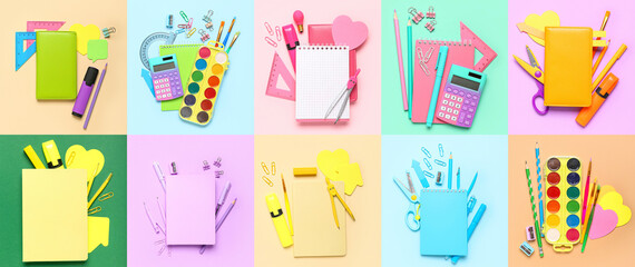 Set of school stationery on colorful background, top view