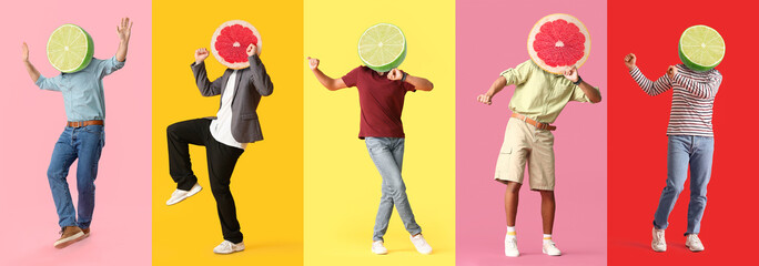 Dancing people with ripe citrus fruits instead of their heads on colorful background