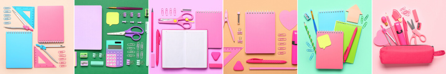 Set of school stationery on colorful background, top view