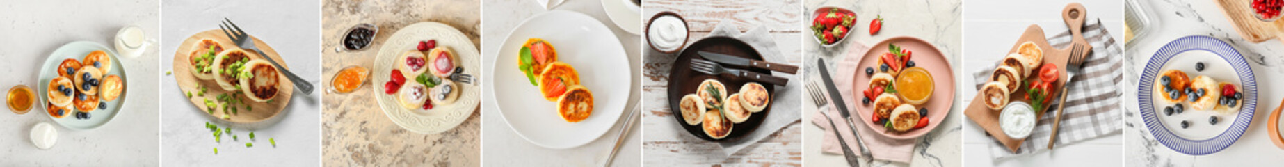 Collage of tasty cottage cheese pancakes on light background, top view