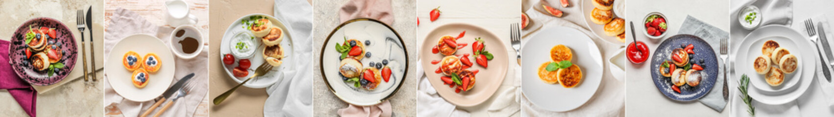Collage of tasty cottage cheese pancakes on light background, top view