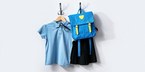 Stylish school uniform with backpack hanging on light wall