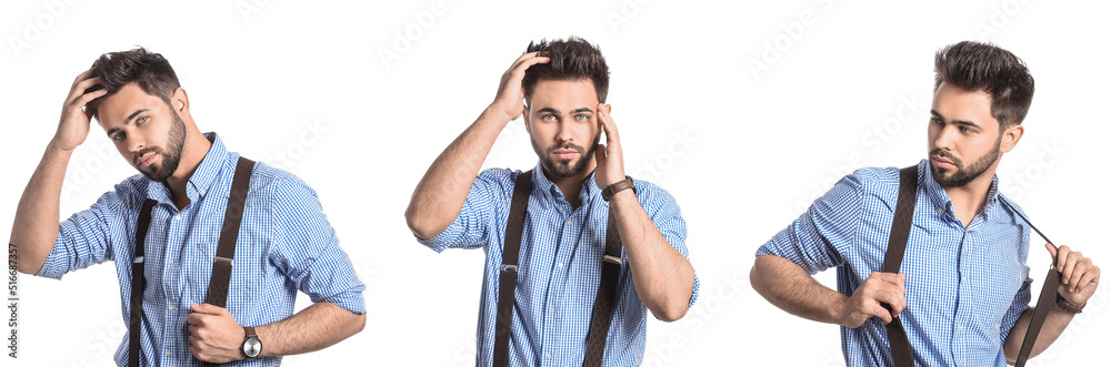 Sticker Set of handsome young man with stylish hairdo isolated on white