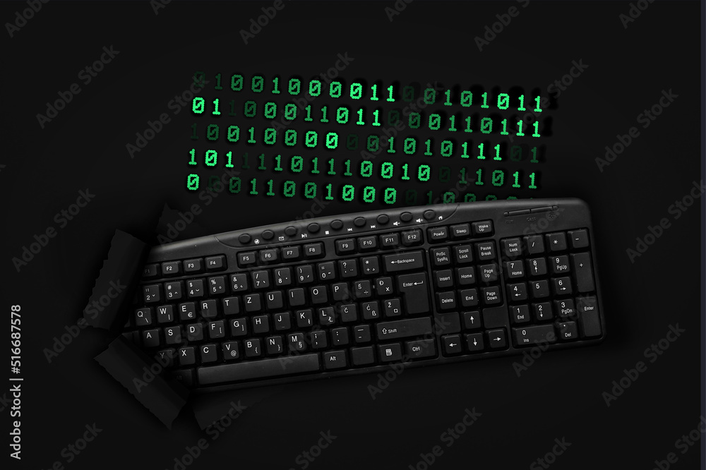 Poster PC keyboard with Binary code symbol on black background
