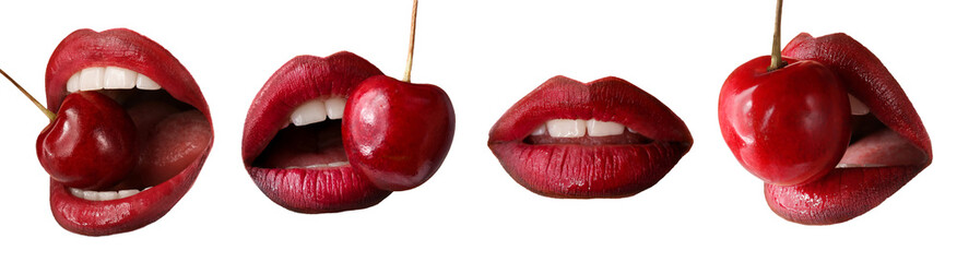 Set of beautiful red female lips with cherry on white background