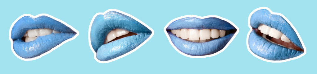 Set of beautiful blue female lips on color background