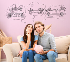 Thoughtful young couple planning their future expenses at home