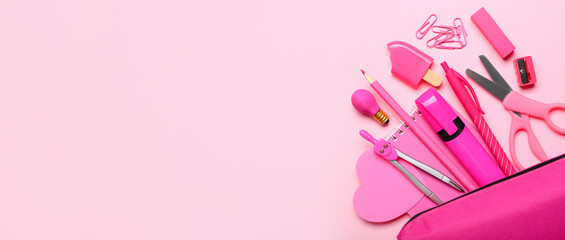 Different school stationery on pink background with space for text, top view