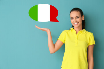 Pretty young woman with speech bubble on blue background. Studying of Italian language