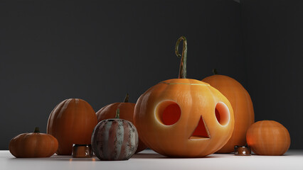 Line up of Pumpkins and Jack-O-lantern 3D Graphic Design Illustration