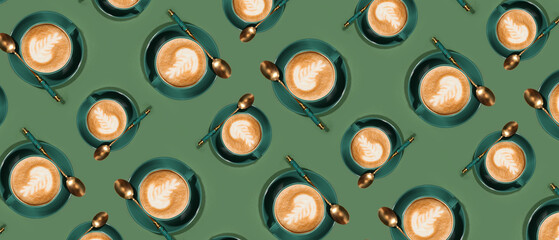 Many cups of coffee on color background. Pattern for design