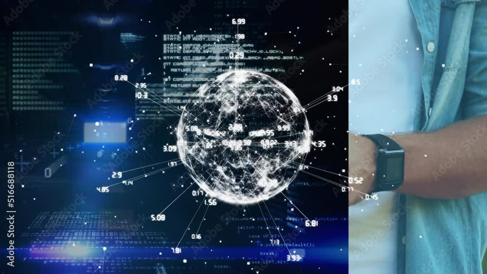 Poster animation of globe with connections and data processing over caucasian man using smartphone