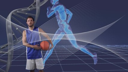 Animation of dna strand and running human body over caucasian male basketball player - Powered by Adobe