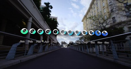 Animation of calendar graph processing data over fast speed pedestrians on city bridge - Powered by Adobe