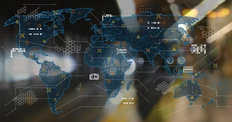 Animation of world map with data processing over underground train arriving at metro station - Powered by Adobe