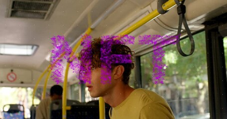 Animation of pink nft text over thoughtful caucasian man travelling on bus - Powered by Adobe