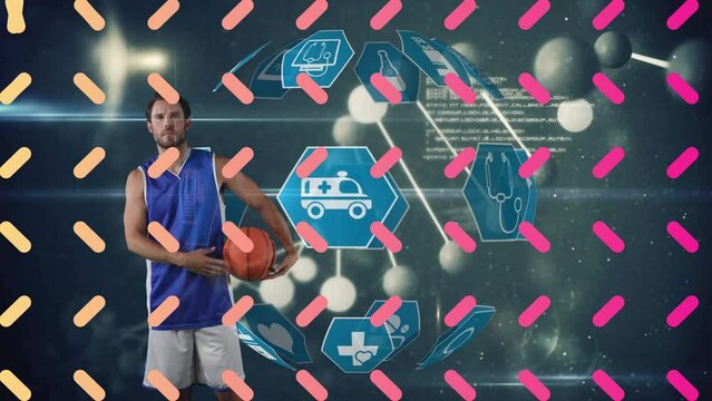 Animation of yellow and pink lines over globe with medical icons, caucasian male basketball player