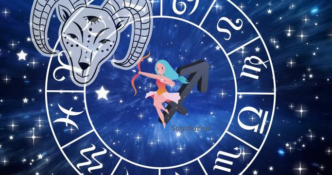 Animation of aries star sign and zodiac wheel spinning over stars on blue background