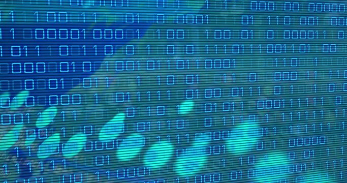 Animation of data processing and binary coding over world map on blue background