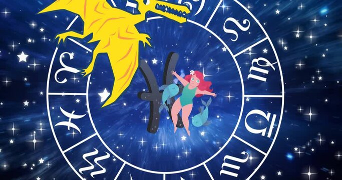 Animation of yellow dragon, aquarius star sign and zodiac wheel spinning over stars on sky