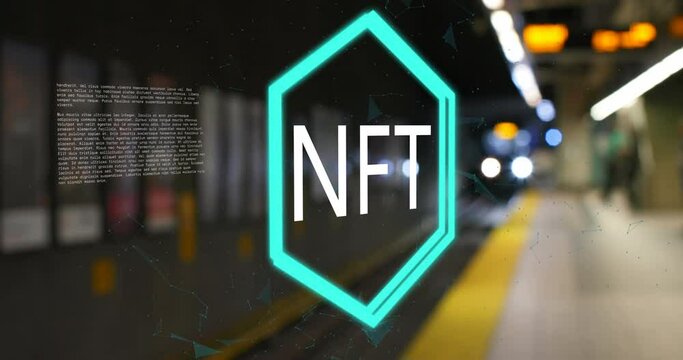 Animation of nft logo over underground train arriving at metro station