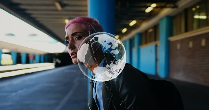 Animation Of Globe And Processing Data Over Caucasian Woman With Pink Hair Waiting At Station