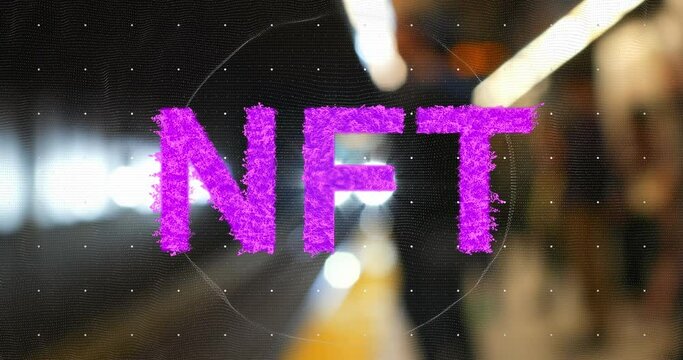 Animation of pink nft text over underground train arriving at metro station