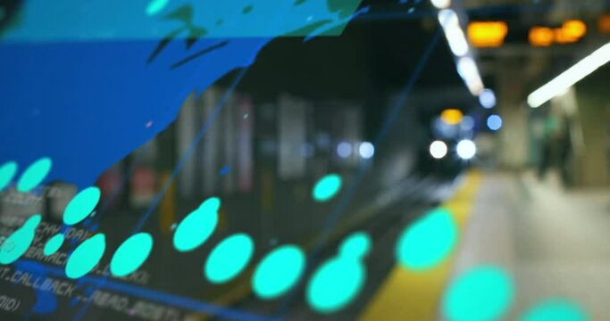 Animation of world map and processing data over underground train arriving at metro station