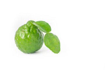 Bergamot fruit on white background. Green bergamot cut in half. Fresh bergamot fruits. Clipping path. Copy space. Image of fresh fruits.