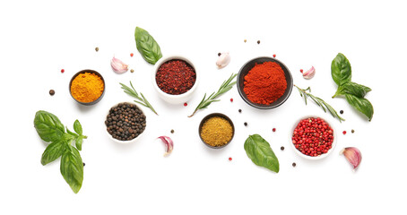 Composition with bowls of different spices and herbs on white background