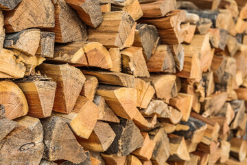Stack of fire wood outdoors, closeup