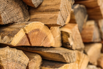 Stack of wooden logs, closeup