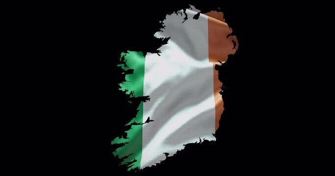 Ireland outline with waving national flag. Alpha channel background. Country shape with animation