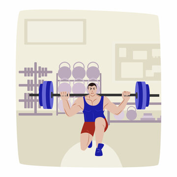 A man works out in the gym. Exercise with a barbell. Vector flat illustration. Strength training.