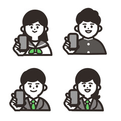 携帯を持つ中高生上半身アイコンセット green