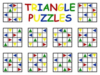 Triangle puzzles big set for children vector illustration. Printable activity page with ten simple sudoku. Collection games with colorful turned triangles vector