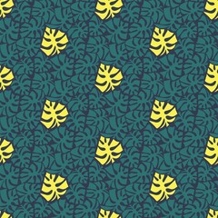 Green and yellow monstera leaves on dark sky seamless pattern vector. Cartoon minimalist jungle surface design. Tropical night floral endless texture by yellow, green and blue colors