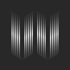 Letter W logo calligraphic monogram or two letters V VV initials with curls in the Gothic style, 3d effect silver wave shape, metallic gradient ribbons from smooth thin parallel lines.