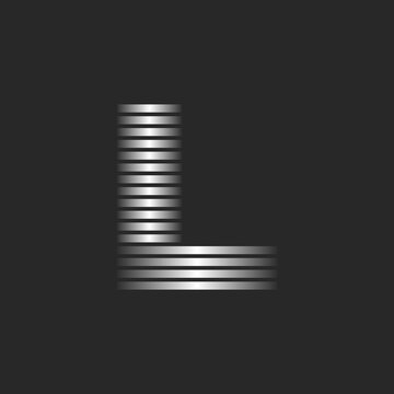 Letter L logo design with thin horizontal and parallel lines, linear emblem metallic gradient, striped 3d effect creative logotype.