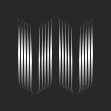 Letter W logo calligraphic monogram or two letters V VV initials with curls in the Gothic style, 3d effect silver wave shape, metallic gradient ribbons from smooth thin parallel lines.