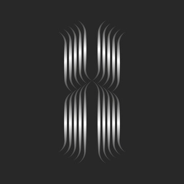 Letter X logo with curls, creative monogram Gothic style, metallic effect silver gradient ribbons from smooth thin parallel lines, identity calligraphic logotype.