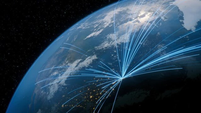 Earth in Space. Blue Lines connect New York, USA with Cities across the World. Worldwide Travel or Networking Concept.
