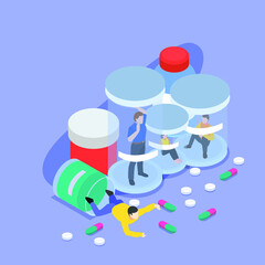 Drugs addicts trapped inside bottles isometric 3d vector illustration concept for banner, website, illustration, landing page, flyer, etc.
